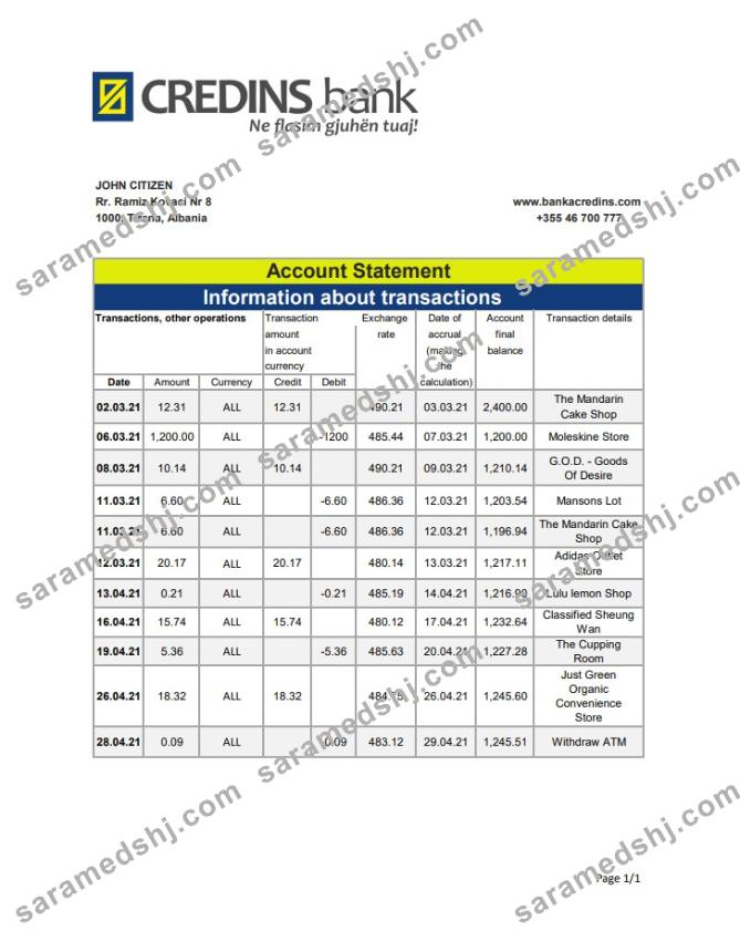 Albania Credins bank statement template in Excel and PDF format